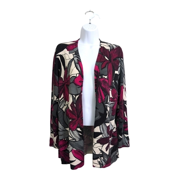Chico's Touch of Cashmere Pacific Floral Cardigan Sweater Fuchsia Gray Soft S/4 - Picture 1 of 8